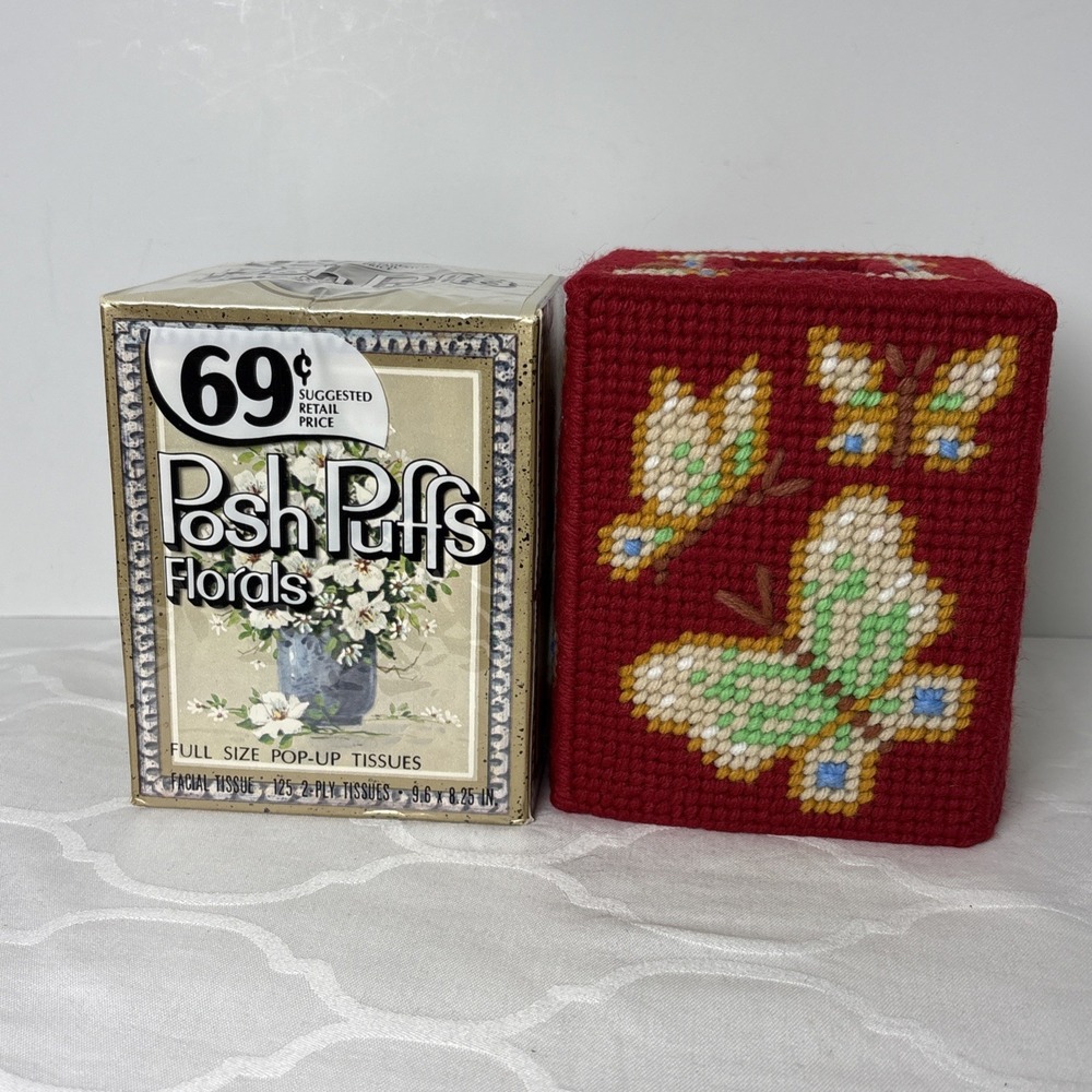 VTG Posh Puffs Tissues Handmade Cover Box Needlepoint Yarn Homemade Butterflies